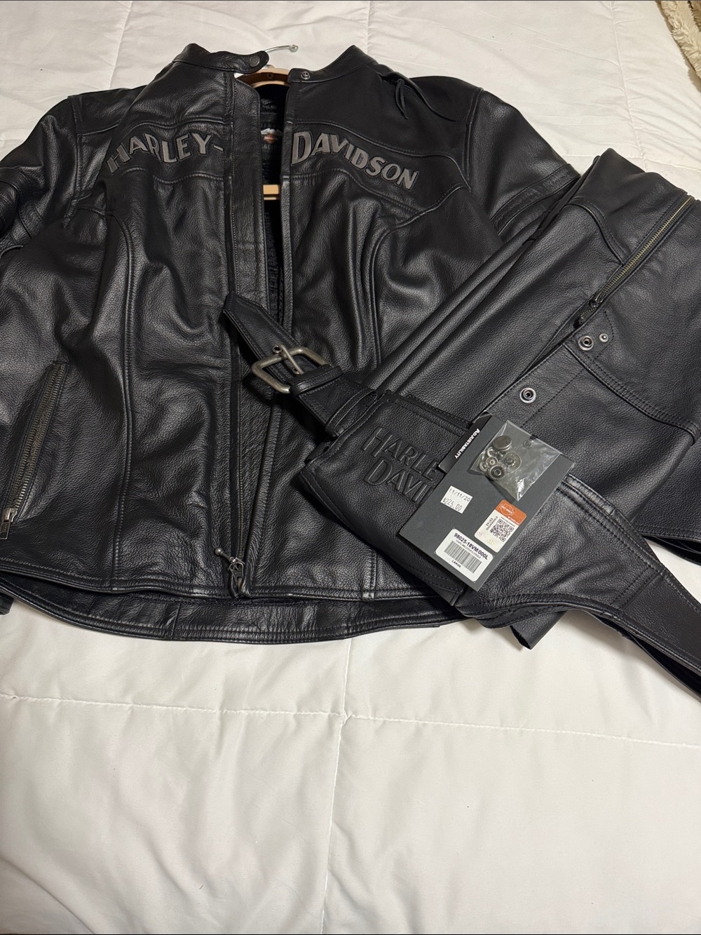 Harley-Davidson Black Leather Bomber Jacket with Branded Waist Belt chaps.